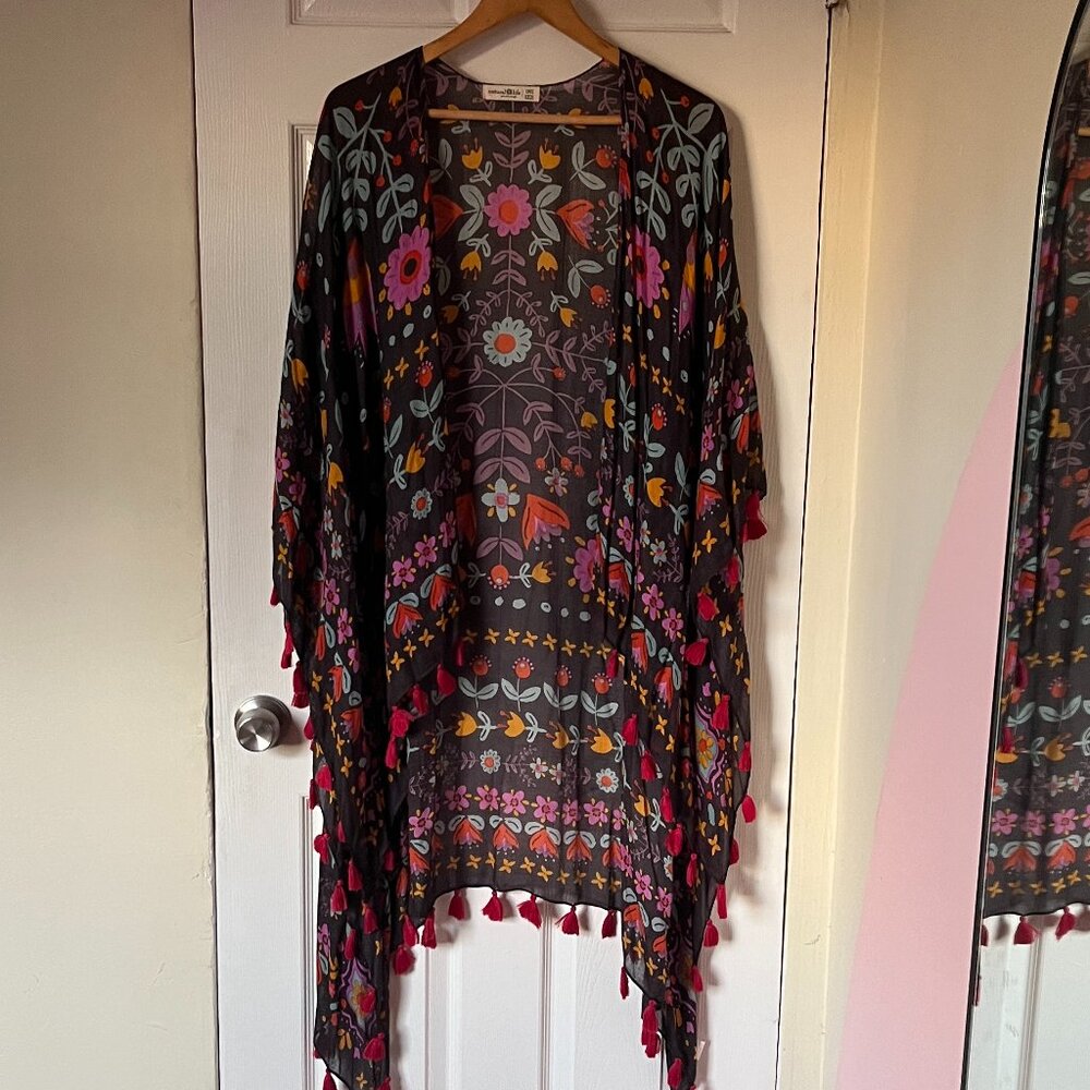 Natural Life Black Floral Kimono with Tassels